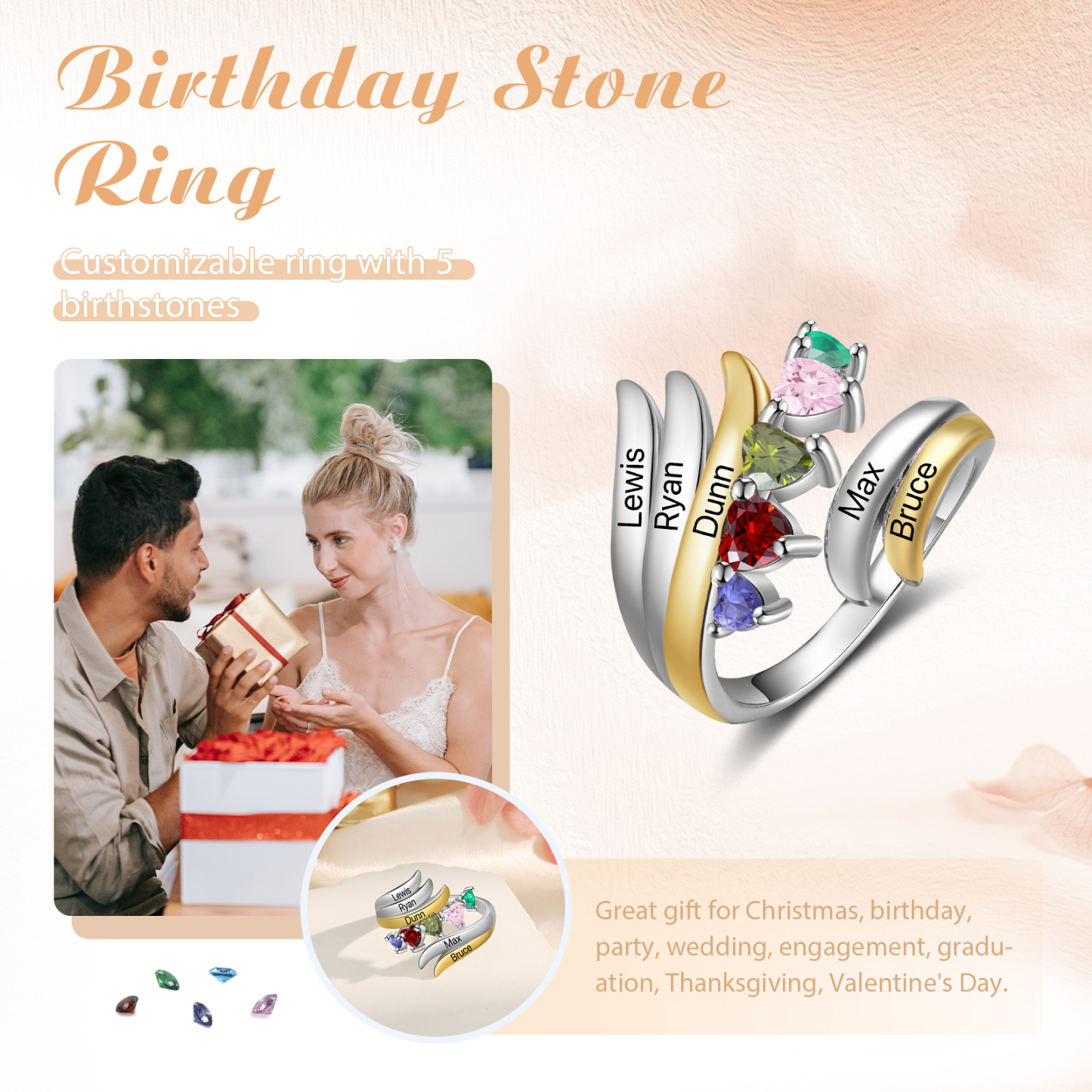 5 Names - Personalized 5 Birthstones and 5 Names Beautiful Ring, Customized Gift for Her