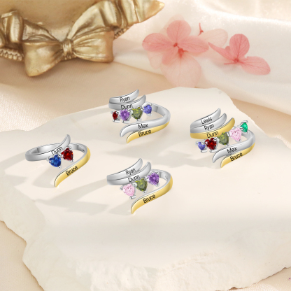 2 Names - Personalized 2 Birthstones and 2 Names Beautiful Ring, Customized Gift for Her
