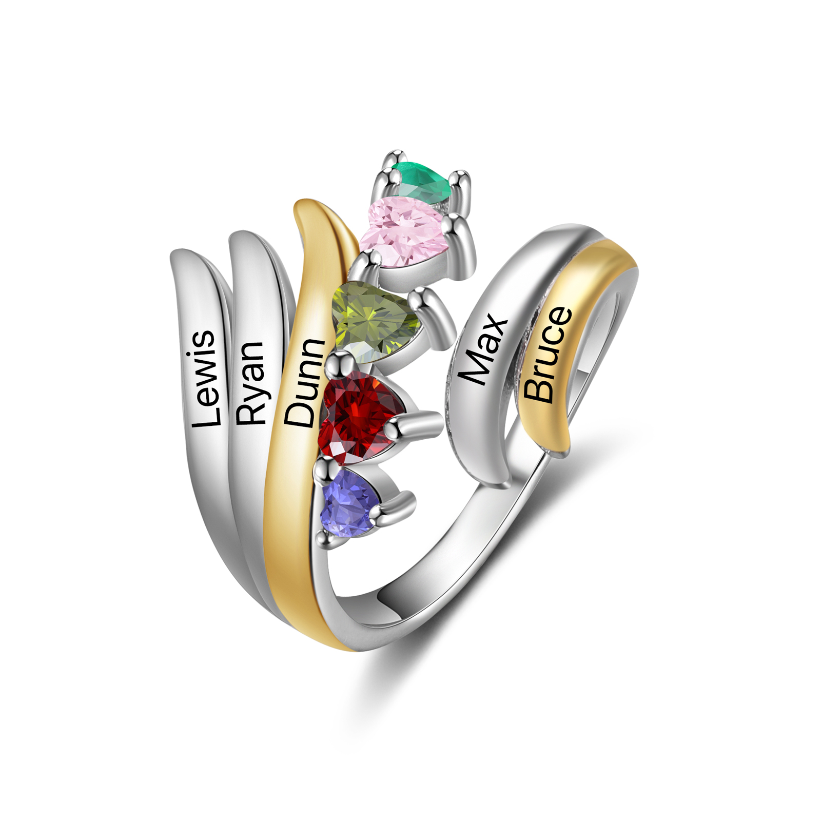 5 Names - Personalized 5 Birthstones and 5 Names Beautiful Ring, Customized Gift for Her
