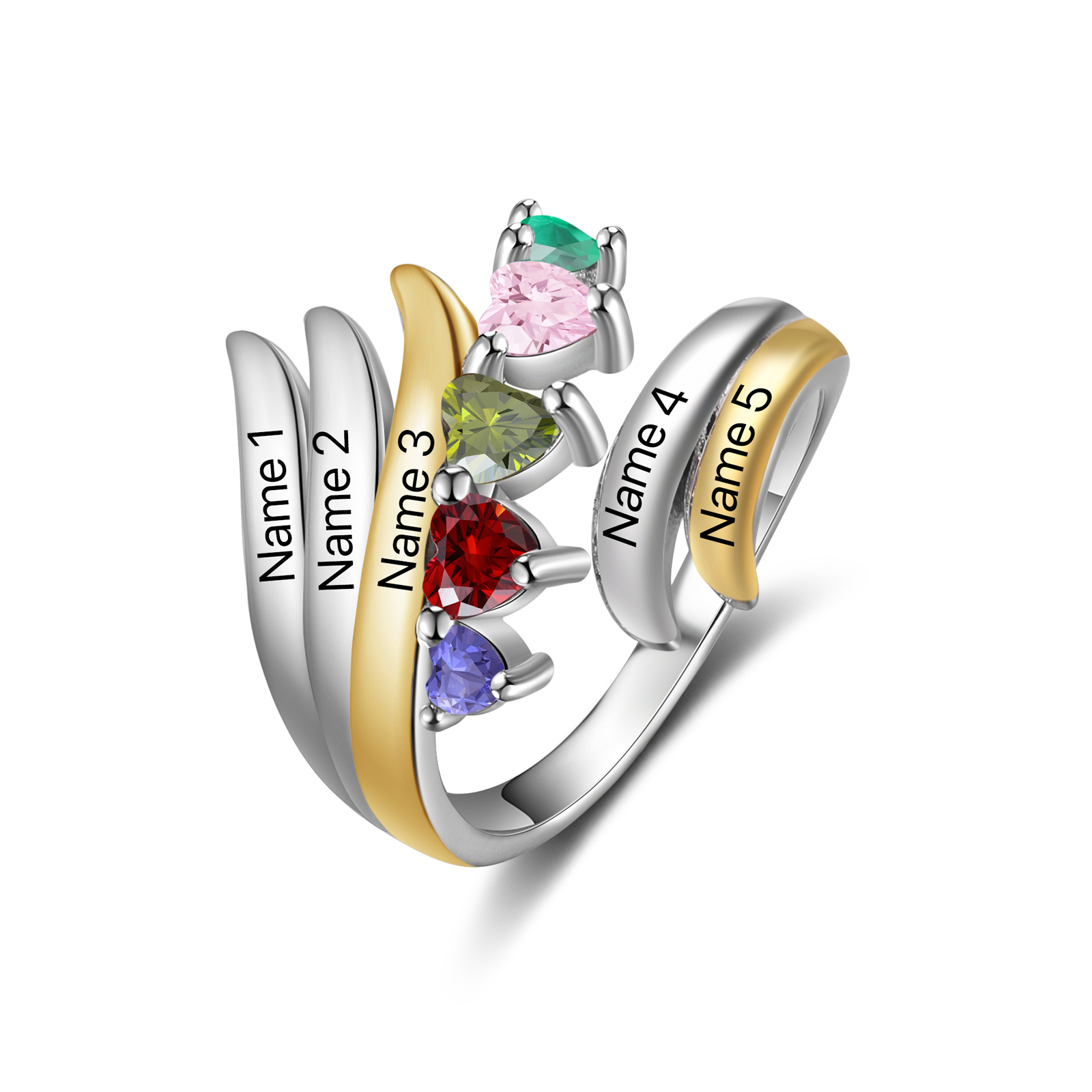 5 Names - Personalized 5 Birthstones and 5 Names Beautiful Ring, Customized Gift for Her