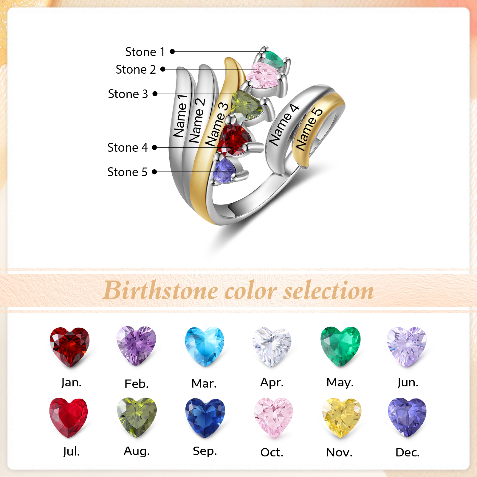 5 Names - Personalized 5 Birthstones and 5 Names Beautiful Ring, Customized Gift for Her