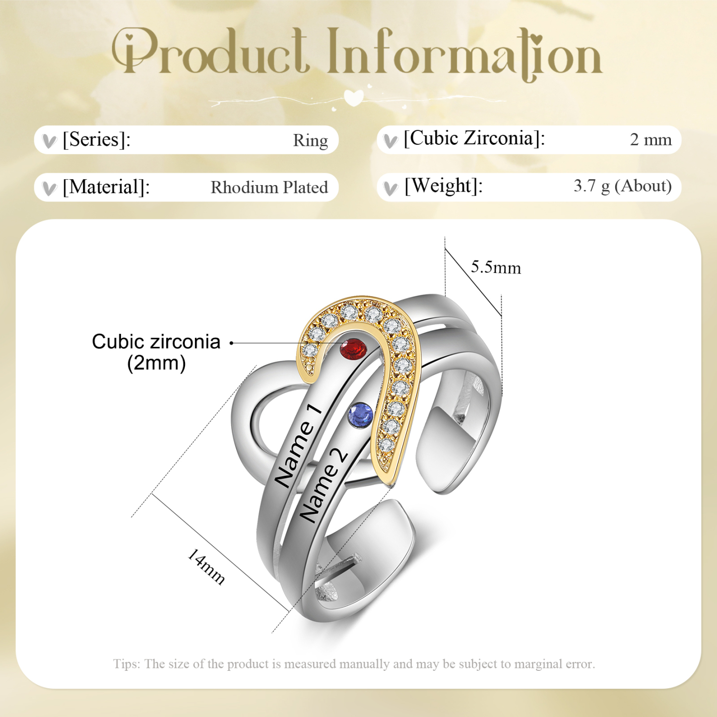 2 Names - Personalized 2 Birthstones and 2 Names Beautiful Heart Ring, Customized Gift for Her