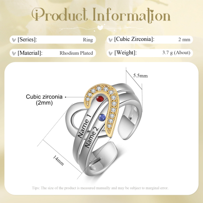2 Names - Personalized 2 Birthstones and 2 Names Beautiful Heart Ring, Customized Gift for Her