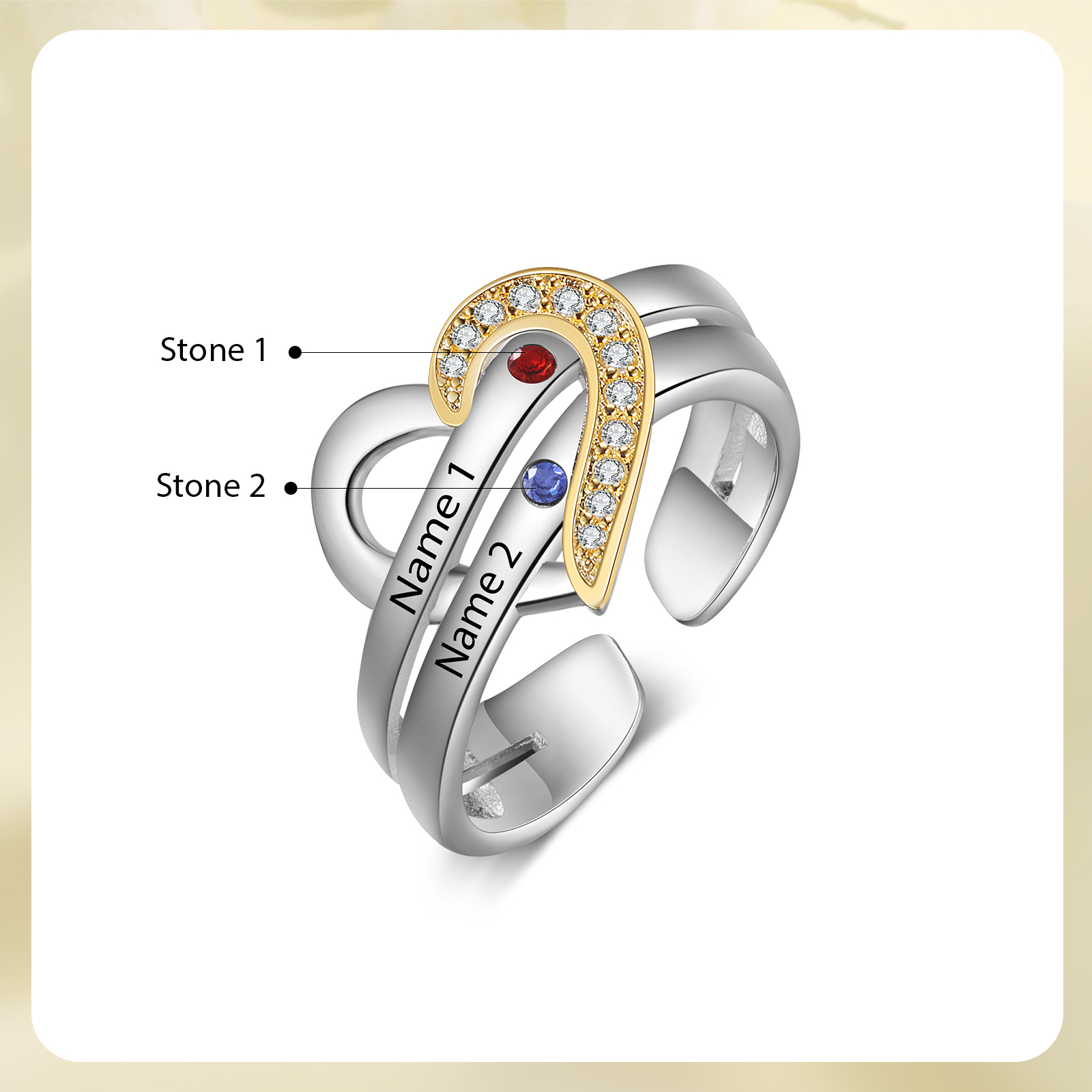 2 Names - Personalized 2 Birthstones and 2 Names Beautiful Heart Ring, Customized Gift for Her
