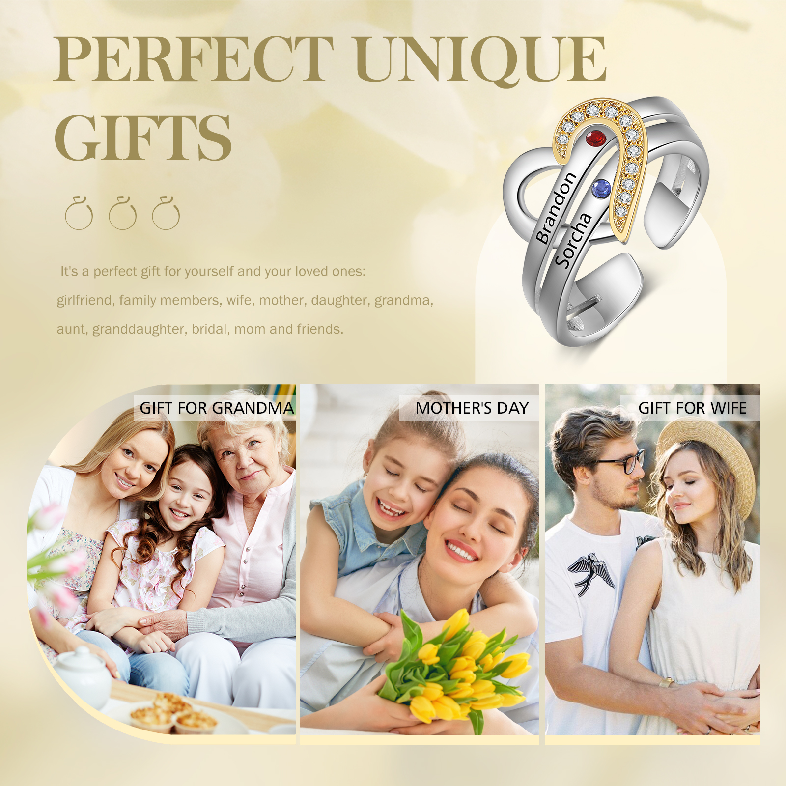 2 Names - Personalized 2 Birthstones and 2 Names Beautiful Heart Ring, Customized Gift for Her