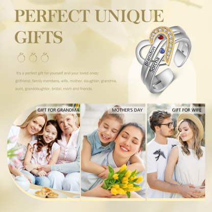 2 Names - Personalized 2 Birthstones and 2 Names Beautiful Heart Ring, Customized Gift for Her