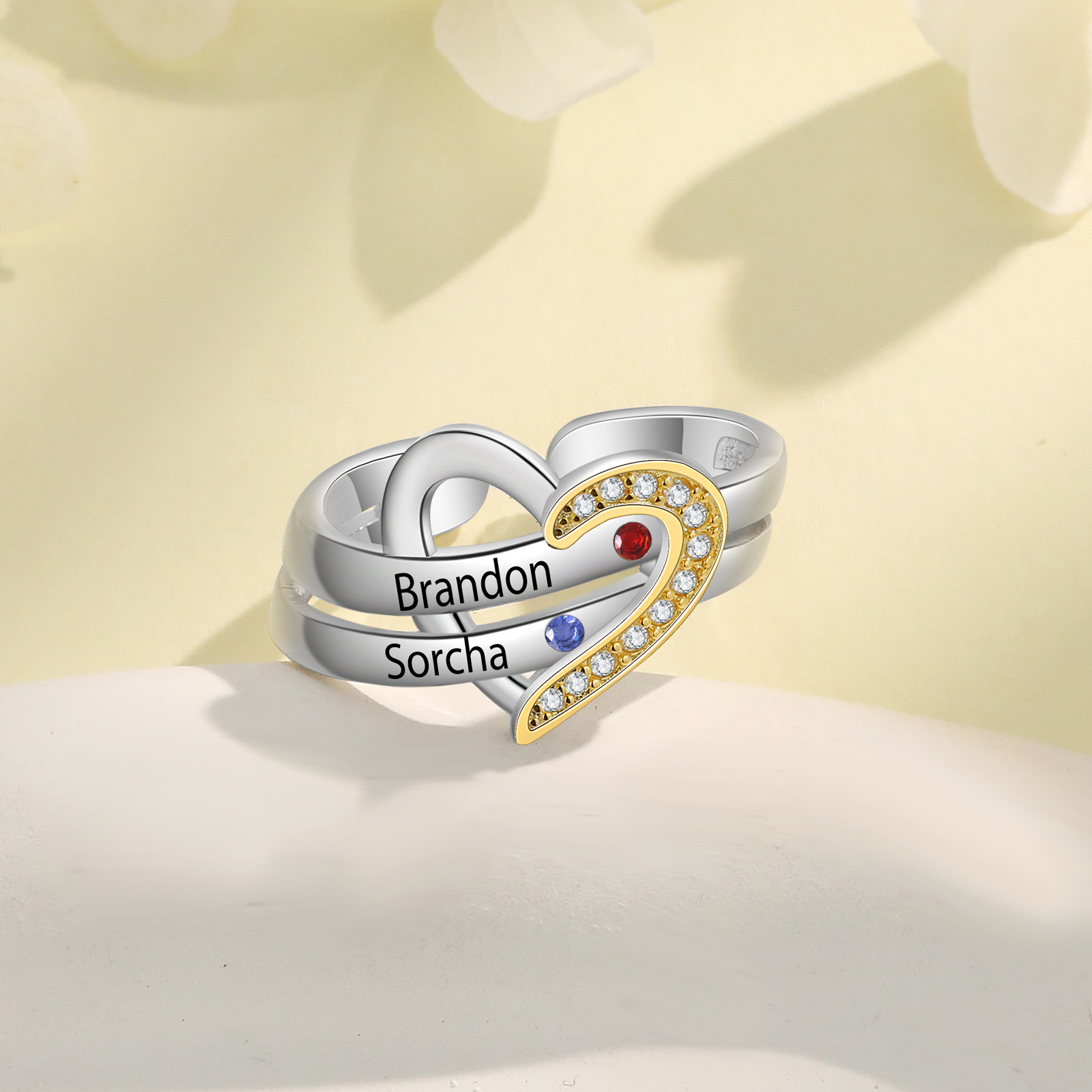 2 Names - Personalized 2 Birthstones and 2 Names Beautiful Heart Ring, Customized Gift for Her