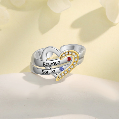 2 Names - Personalized 2 Birthstones and 2 Names Beautiful Heart Ring, Customized Gift for Her