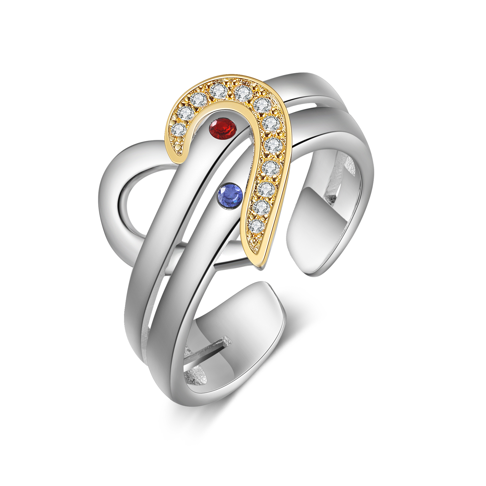 2 Names - Personalized 2 Birthstones and 2 Names Beautiful Heart Ring, Customized Gift for Her