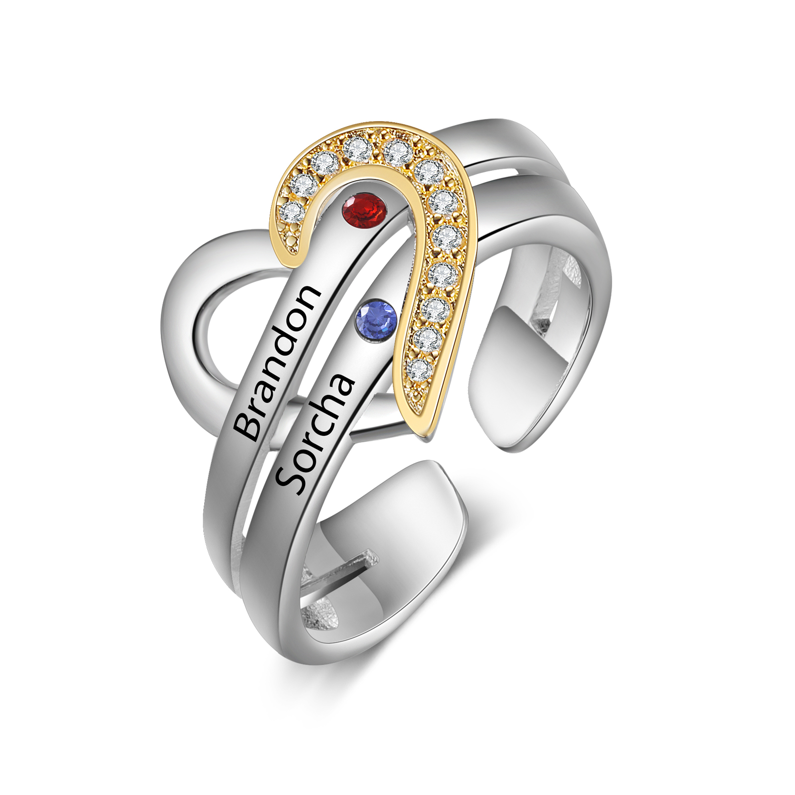2 Names - Personalized 2 Birthstones and 2 Names Beautiful Heart Ring, Customized Gift for Her