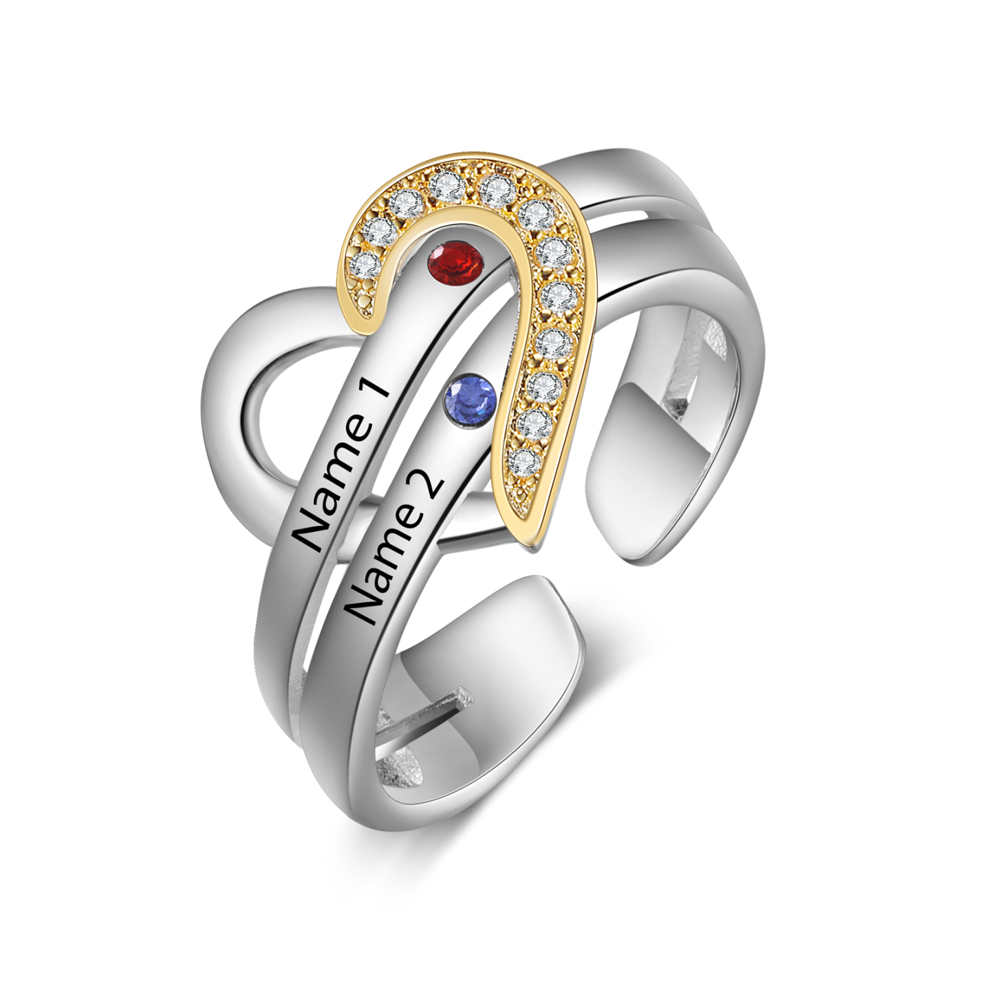 2 Names - Personalized 2 Birthstones and 2 Names Beautiful Heart Ring, Customized Gift for Her