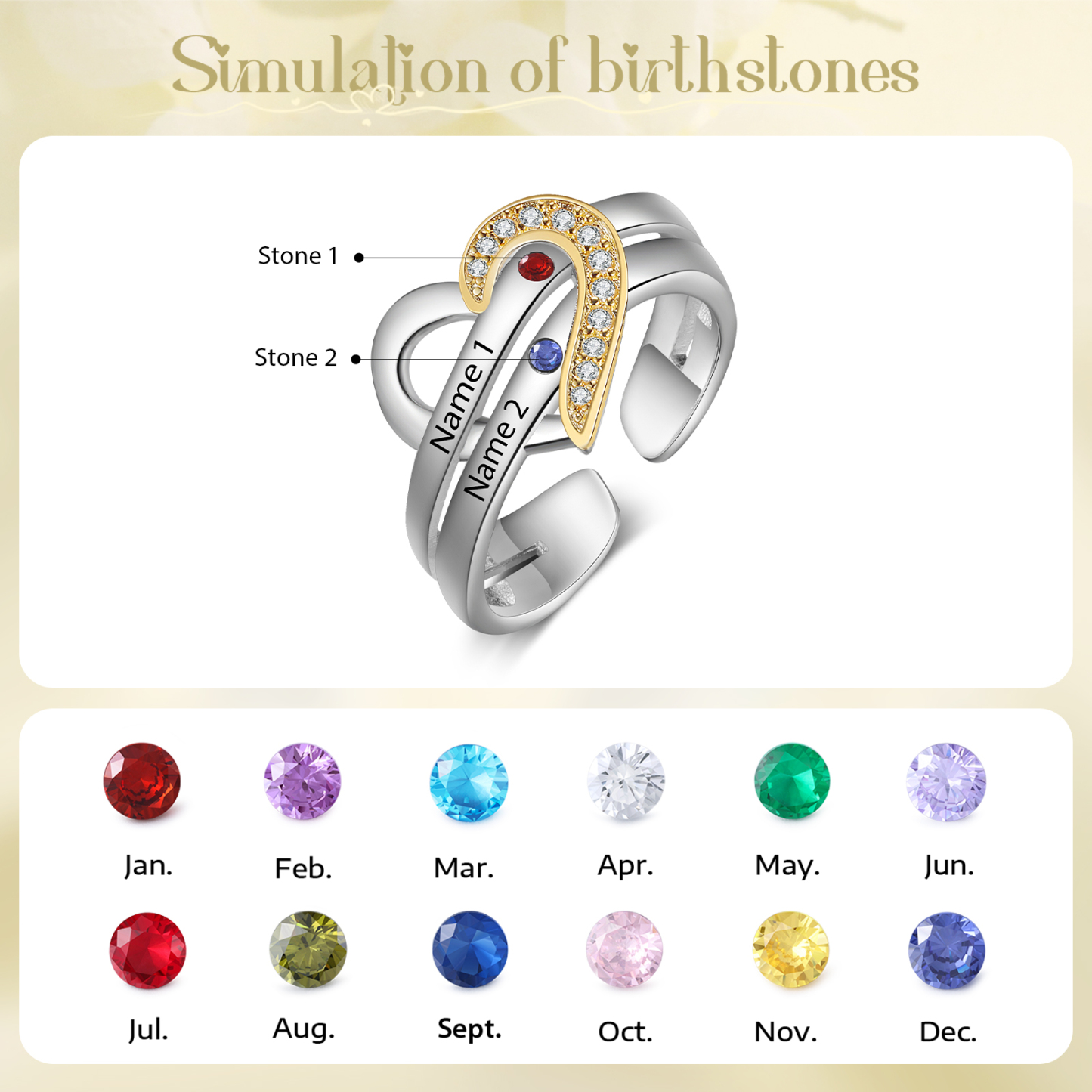 2 Names - Personalized 2 Birthstones and 2 Names Beautiful Heart Ring, Customized Gift for Her