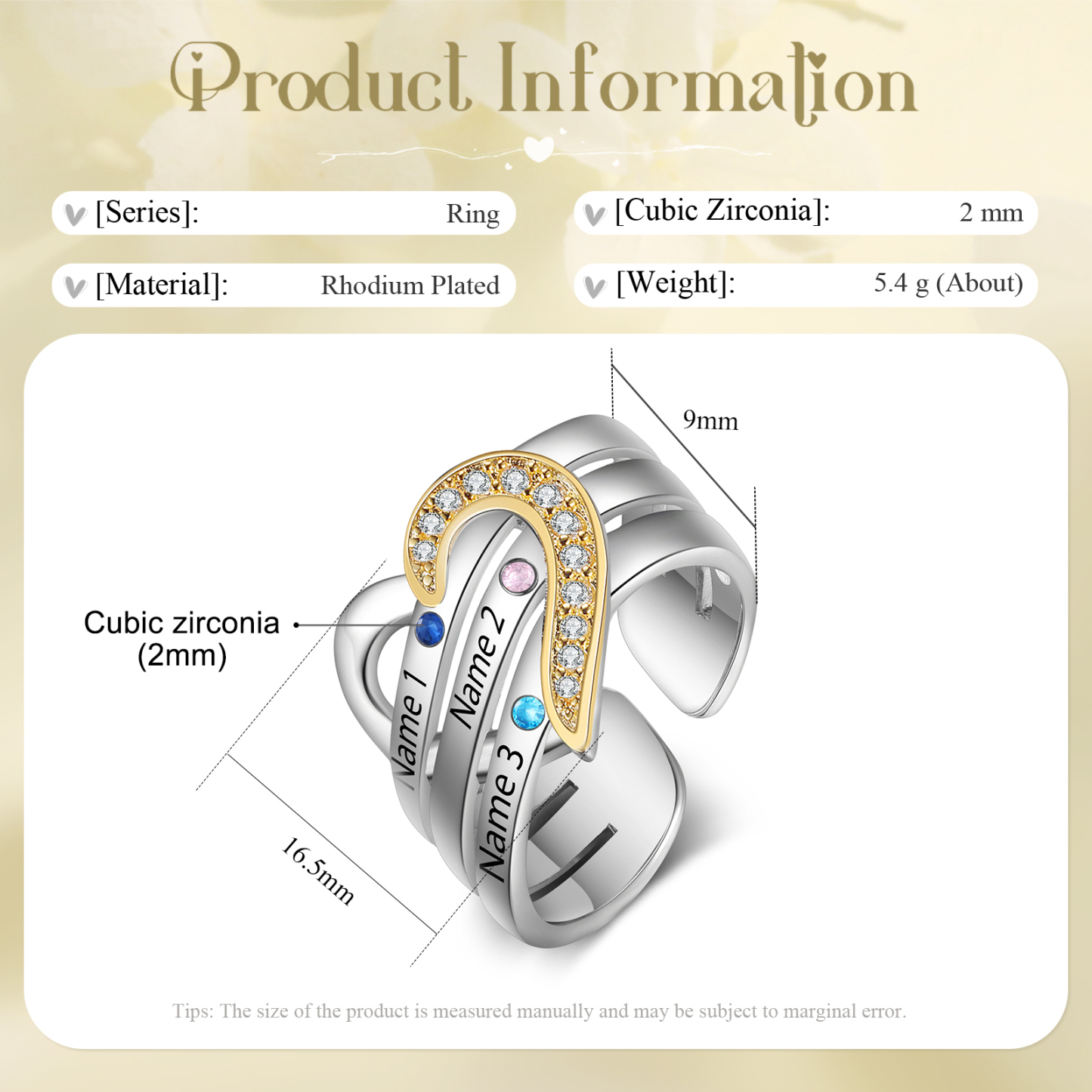 3 Names - Personalized 3 Birthstones and 3 Names Beautiful Heart Ring, Customized Gift for Her