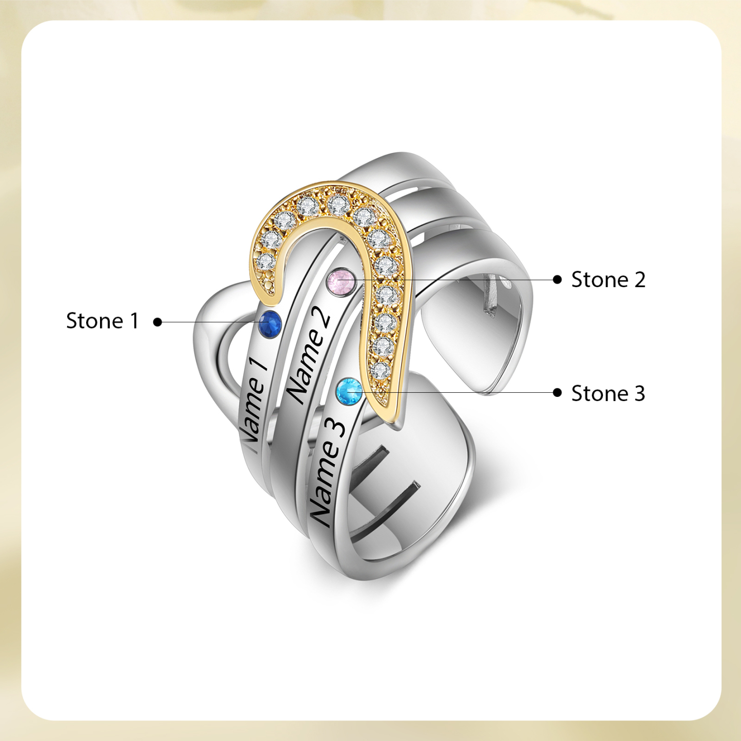 3 Names - Personalized 3 Birthstones and 3 Names Beautiful Heart Ring, Customized Gift for Her