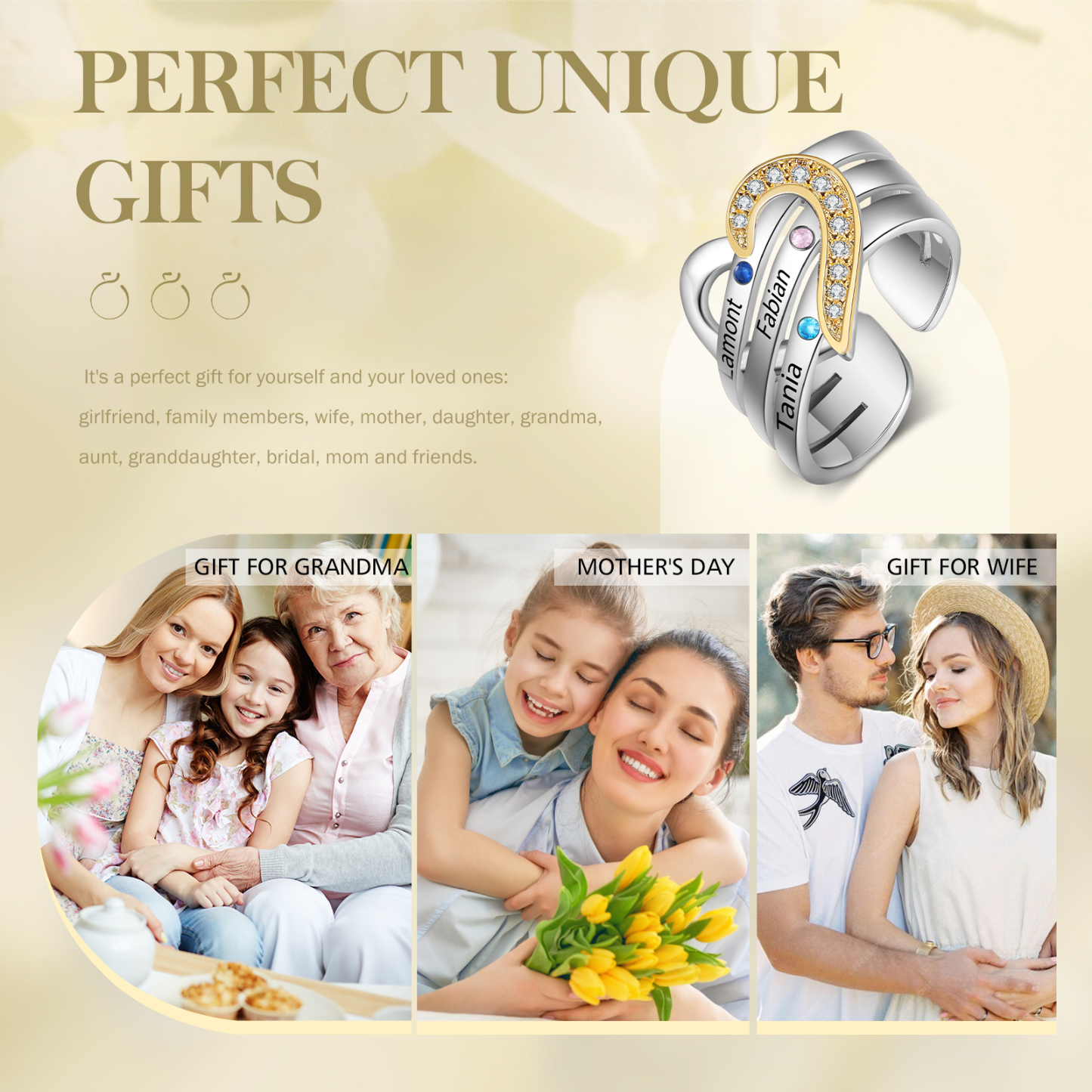 3 Names - Personalized 3 Birthstones and 3 Names Beautiful Heart Ring, Customized Gift for Her