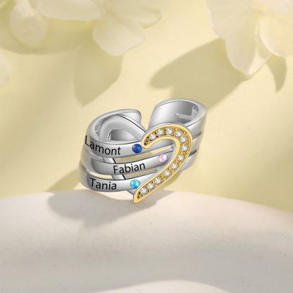 3 Names - Personalized 3 Birthstones and 3 Names Beautiful Heart Ring, Customized Gift for Her