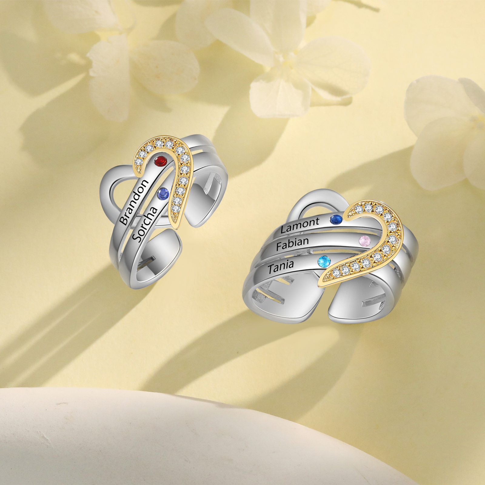 2 Names - Personalized 2 Birthstones and 2 Names Beautiful Heart Ring, Customized Gift for Her