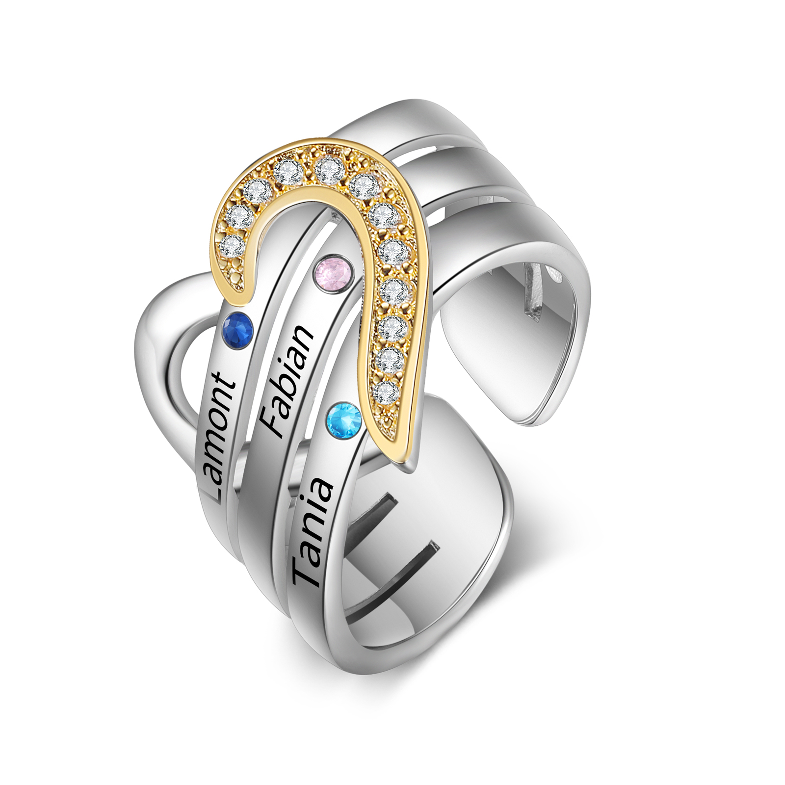 3 Names - Personalized 3 Birthstones and 3 Names Beautiful Heart Ring, Customized Gift for Her
