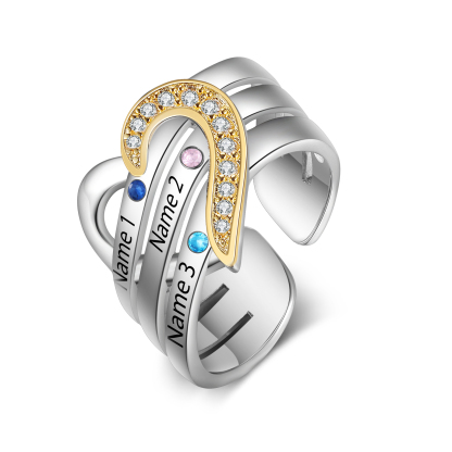 3 Names - Personalized 3 Birthstones and 3 Names Beautiful Heart Ring, Customized Gift for Her