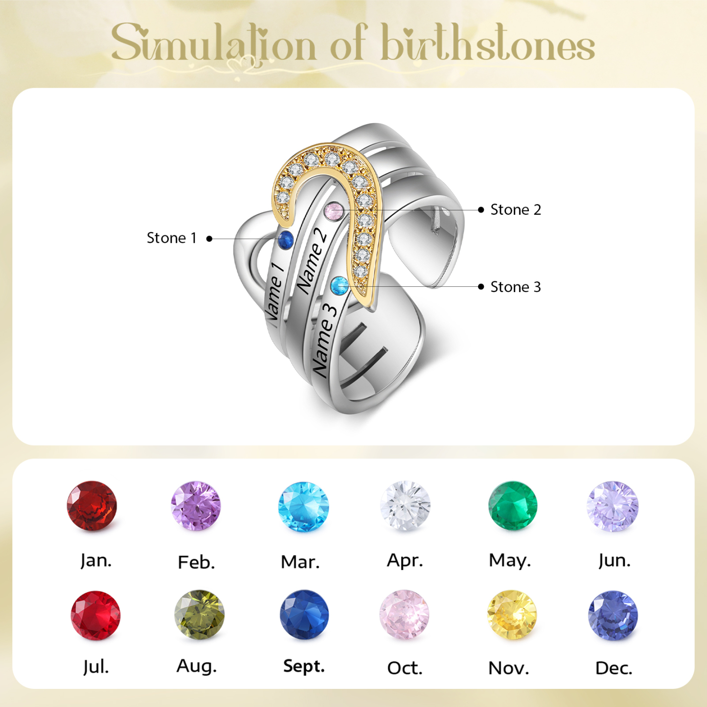 3 Names - Personalized 3 Birthstones and 3 Names Beautiful Heart Ring, Customized Gift for Her