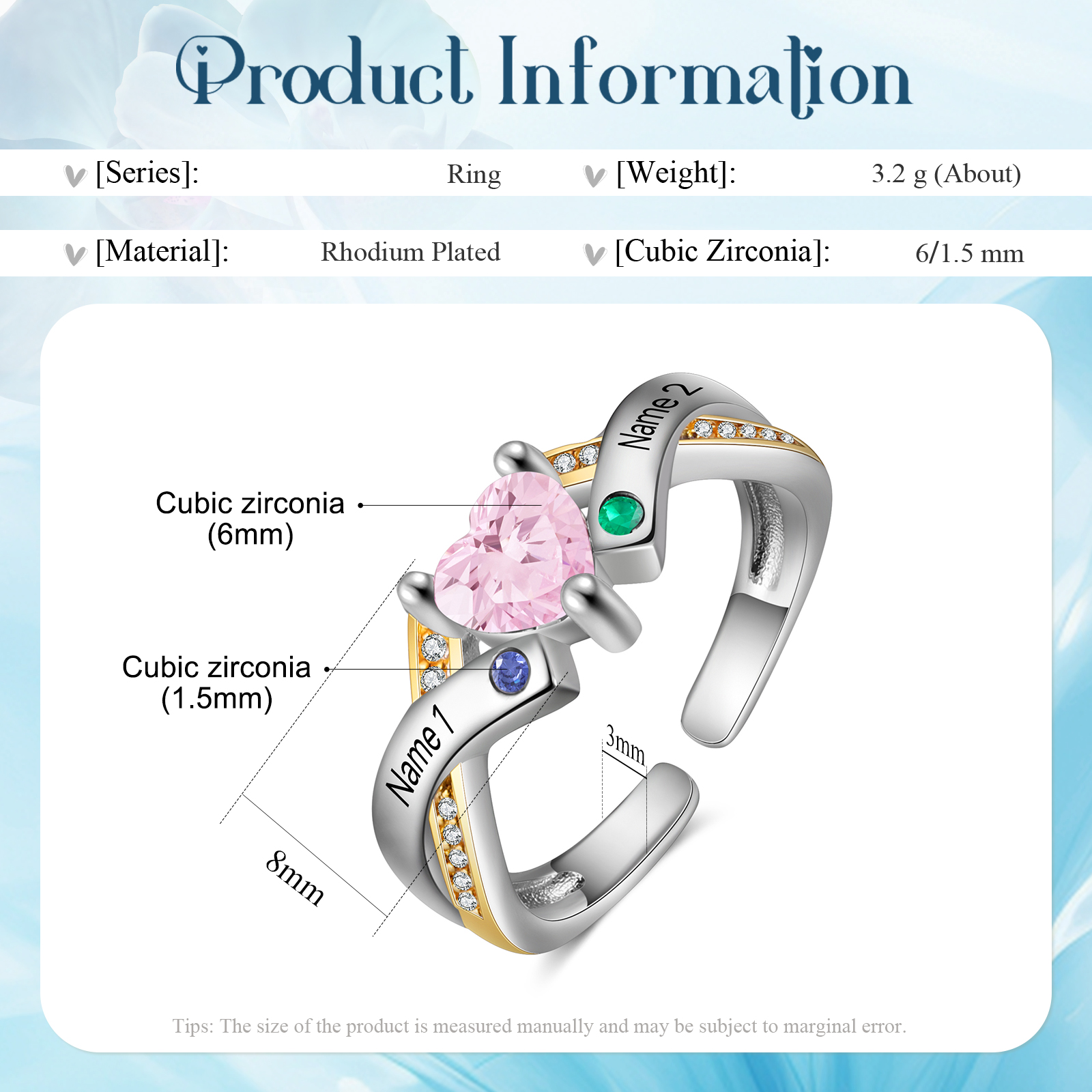 2 Names - Personalized 3 Birthstones and 2 Names Beautiful Heart Ring, Customized Gift for Her