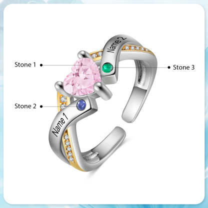 2 Names - Personalized 3 Birthstones and 2 Names Beautiful Heart Ring, Customized Gift for Her