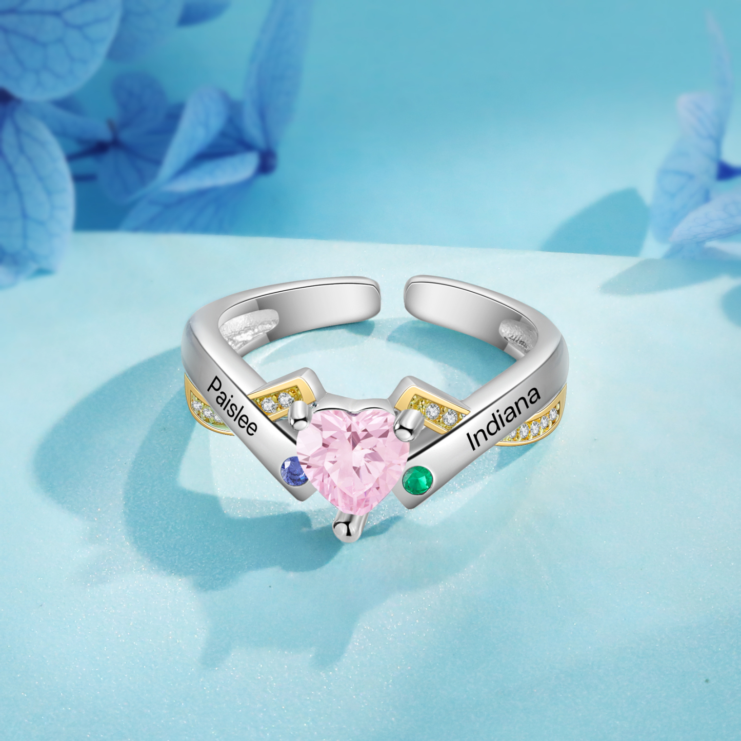2 Names - Personalized 3 Birthstones and 2 Names Beautiful Heart Ring, Customized Gift for Her