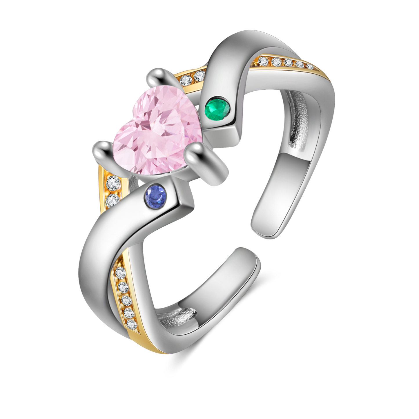 2 Names - Personalized 3 Birthstones and 2 Names Beautiful Heart Ring, Customized Gift for Her