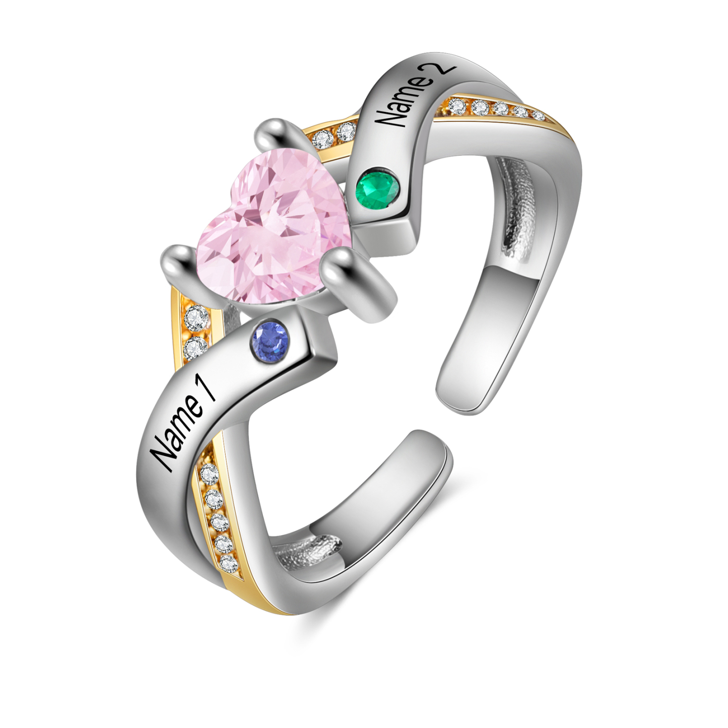 2 Names - Personalized 3 Birthstones and 2 Names Beautiful Heart Ring, Customized Gift for Her