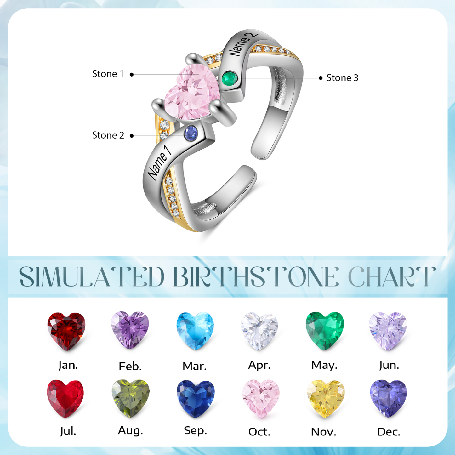 2 Names - Personalized 3 Birthstones and 2 Names Beautiful Heart Ring, Customized Gift for Her
