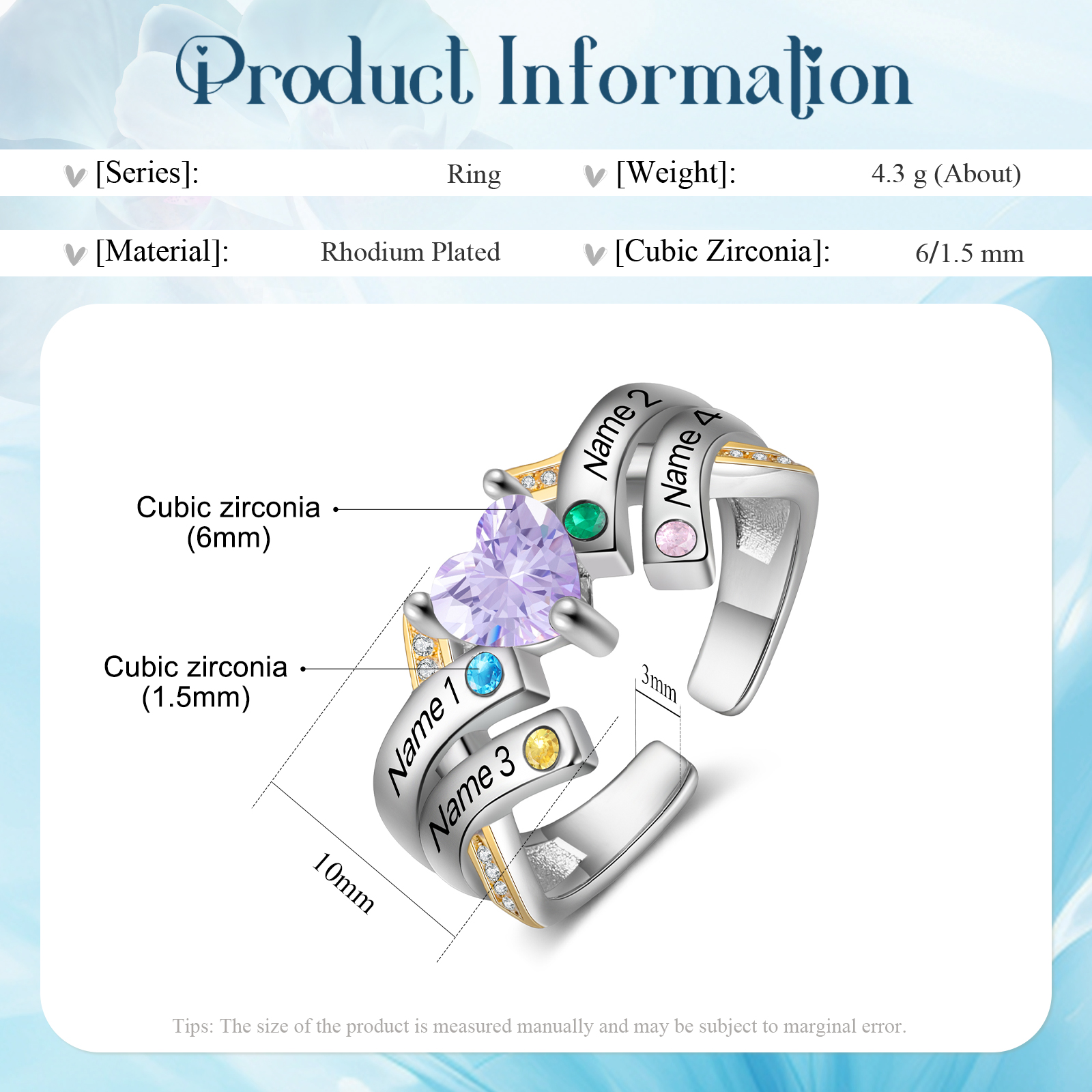 3 Names - Personalized 4 Birthstones and 3 Names Beautiful Heart Ring, Customized Gift for Her