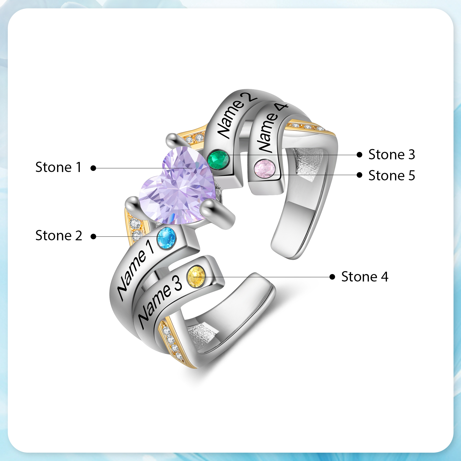 3 Names - Personalized 4 Birthstones and 3 Names Beautiful Heart Ring, Customized Gift for Her