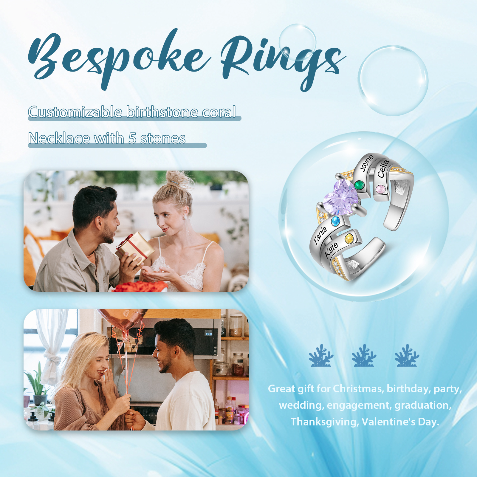 3 Names - Personalized 4 Birthstones and 3 Names Beautiful Heart Ring, Customized Gift for Her
