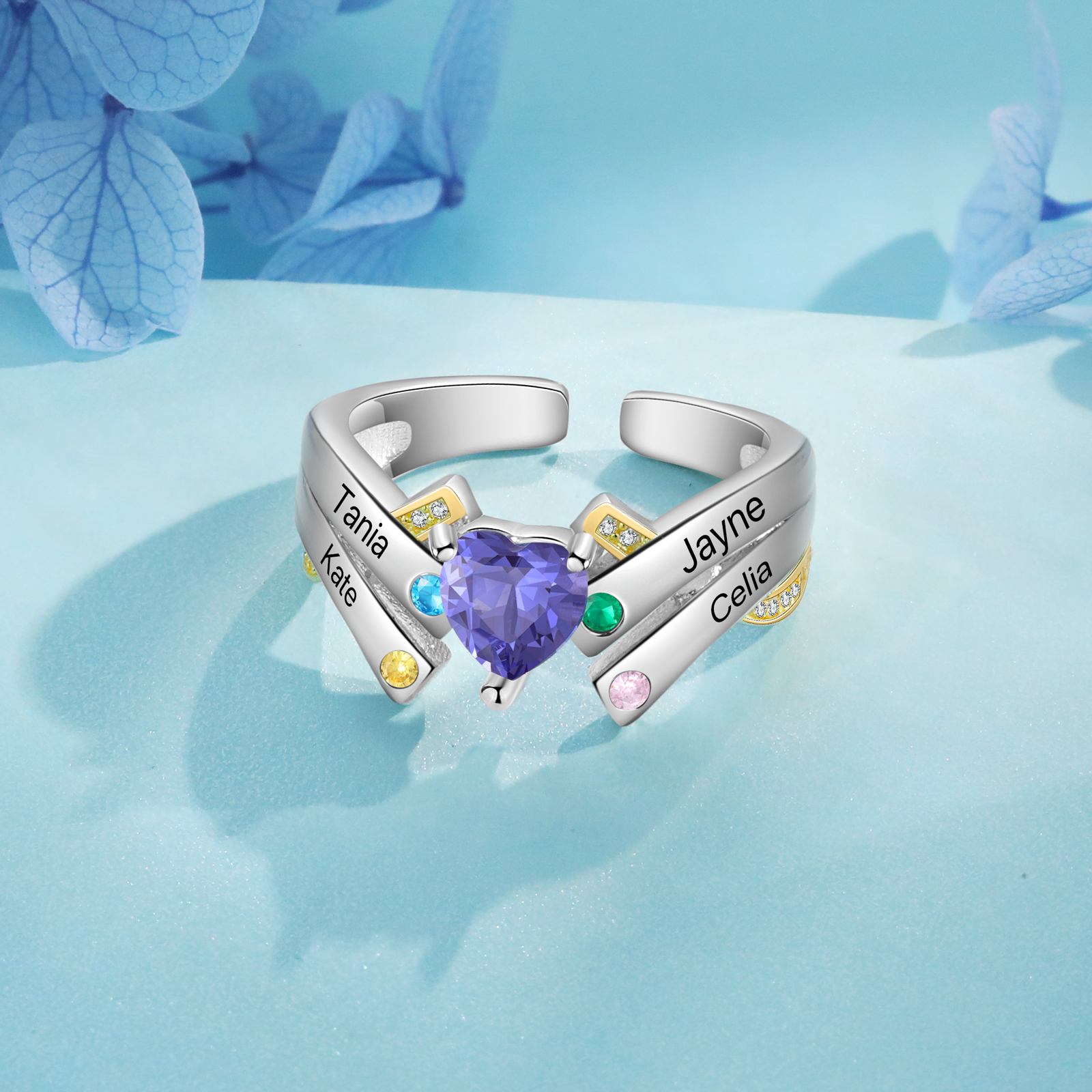 3 Names - Personalized 4 Birthstones and 3 Names Beautiful Heart Ring, Customized Gift for Her