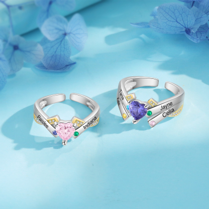 2 Names - Personalized 3 Birthstones and 2 Names Beautiful Heart Ring, Customized Gift for Her