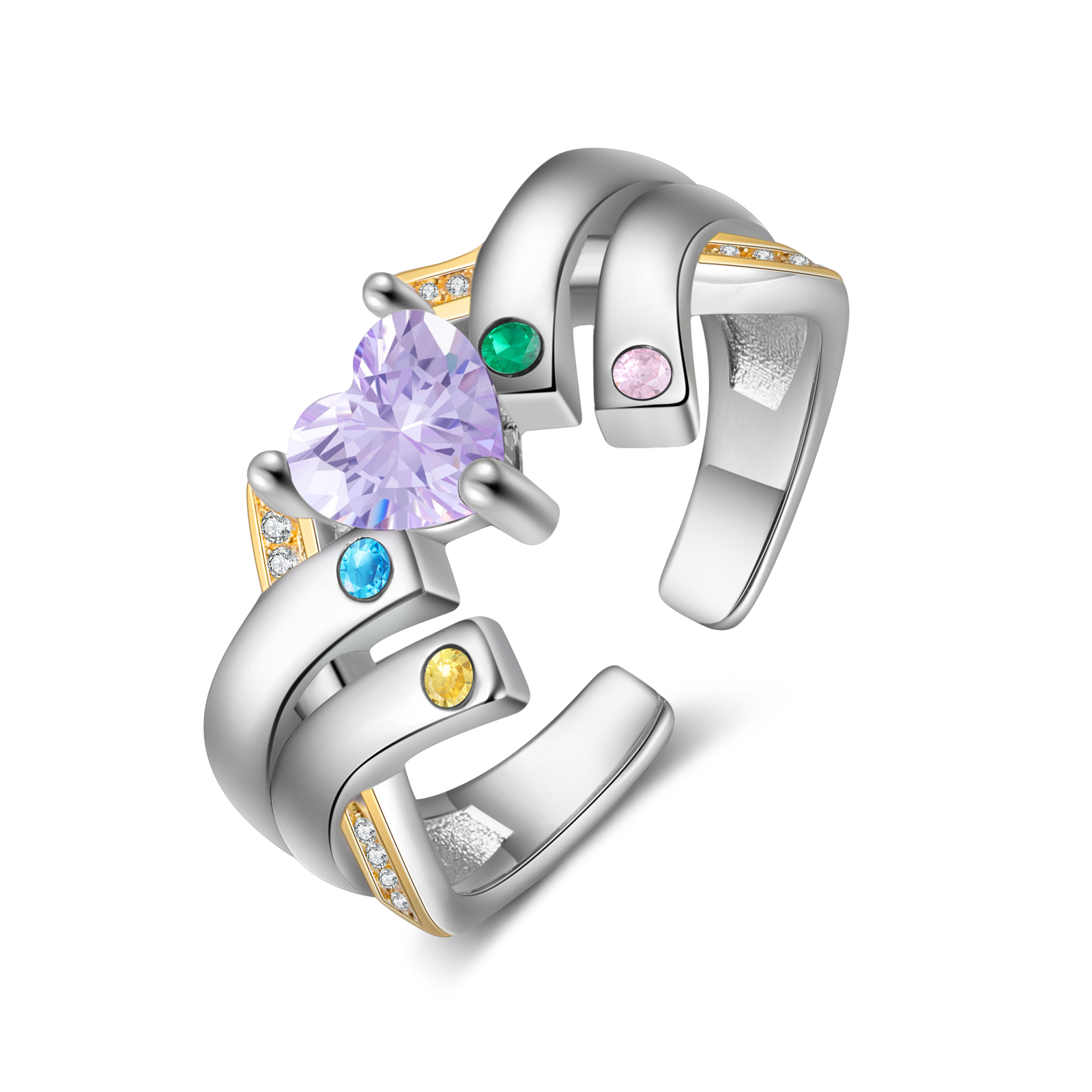 3 Names - Personalized 4 Birthstones and 3 Names Beautiful Heart Ring, Customized Gift for Her