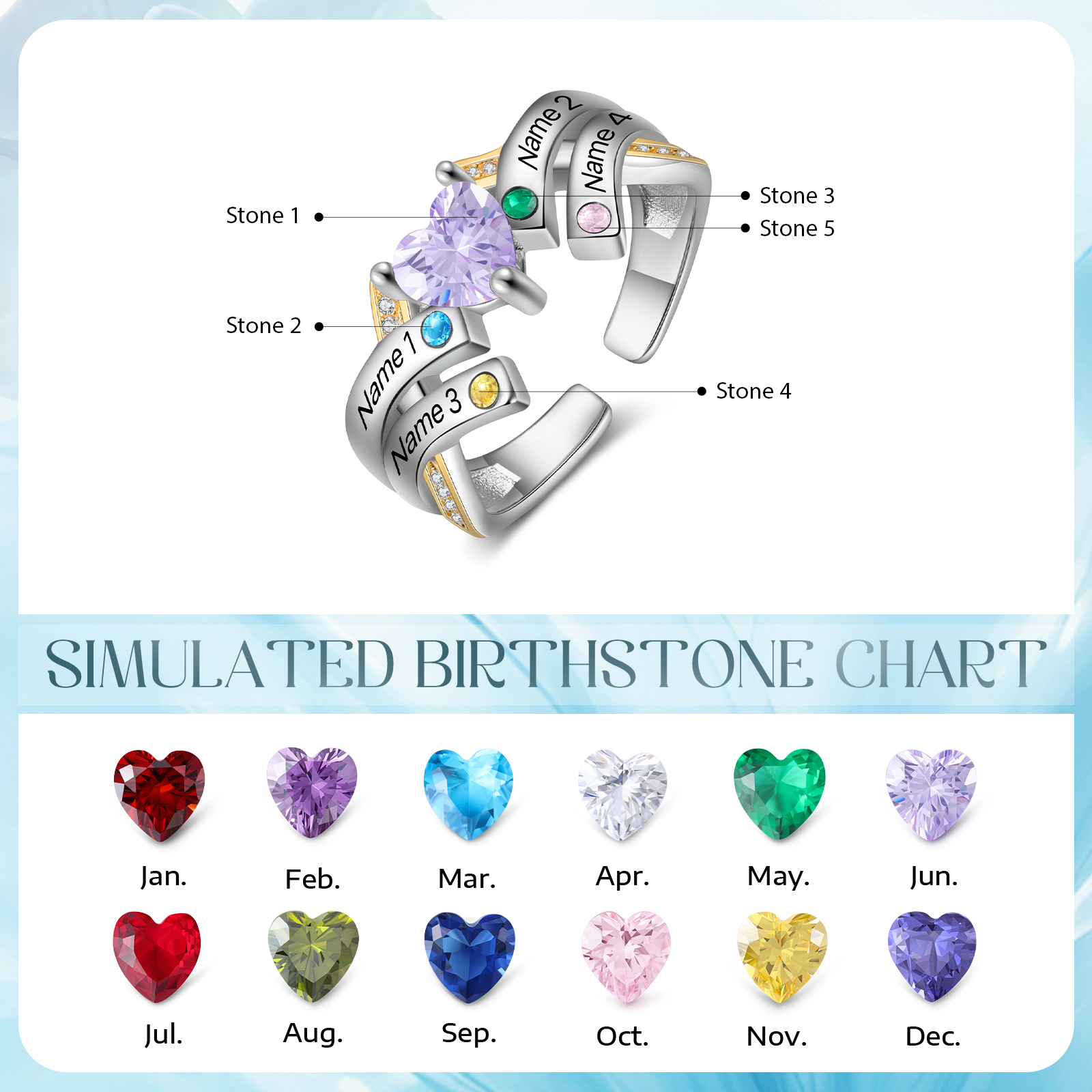 3 Names - Personalized 4 Birthstones and 3 Names Beautiful Heart Ring, Customized Gift for Her