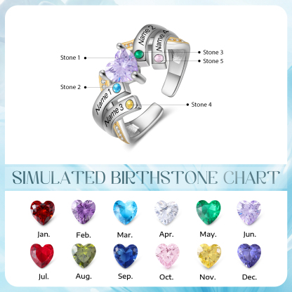 3 Names - Personalized 4 Birthstones and 3 Names Beautiful Heart Ring, Customized Gift for Her