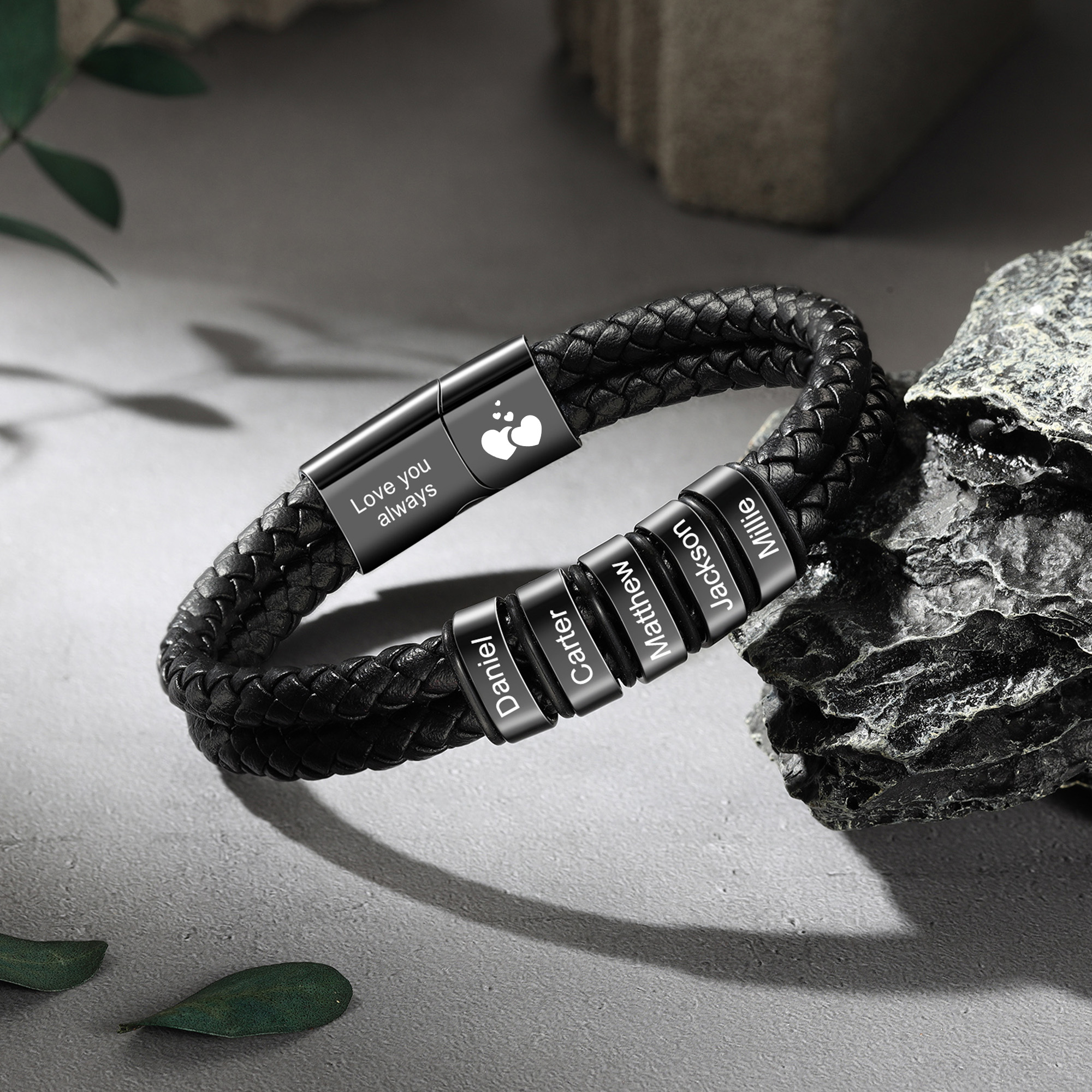 Personalised 2-6 Names Braided Leather Bracelet For Men Dad Grandad