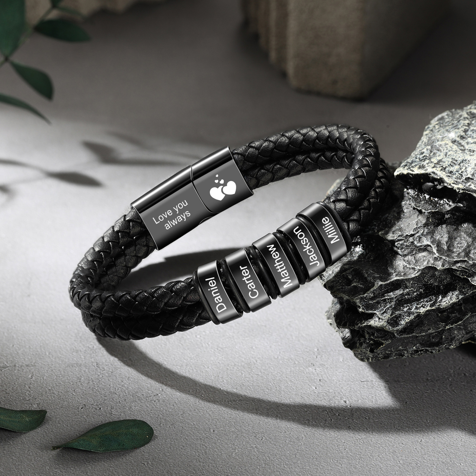 Personalised 2-6 Names Braided Leather Bracelet For Men Dad Grandad