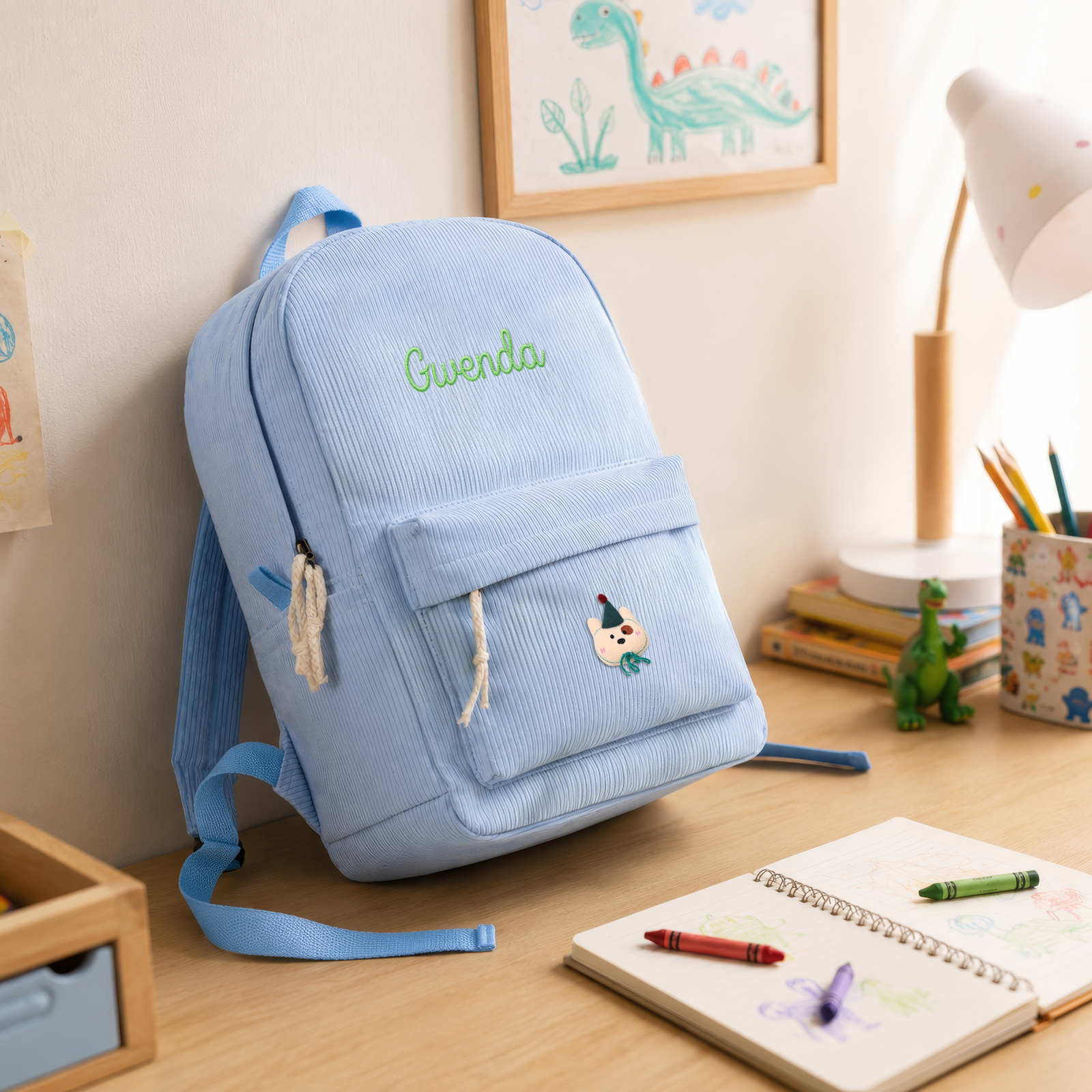 Personalised Corduroy Kids’ Backpack with Embroidered Name and Cute Patch School Bag for Children