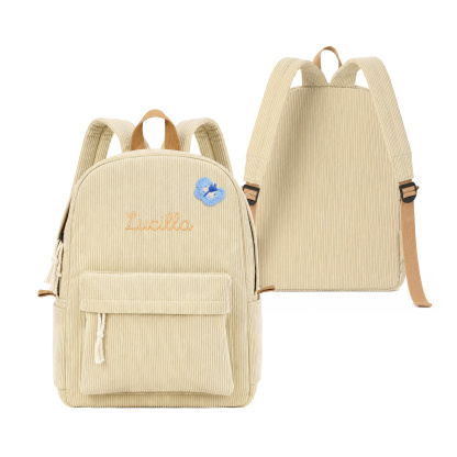 Personalised Corduroy Children’s Backpack with Bow Patch, School Bag with Embroidered Name