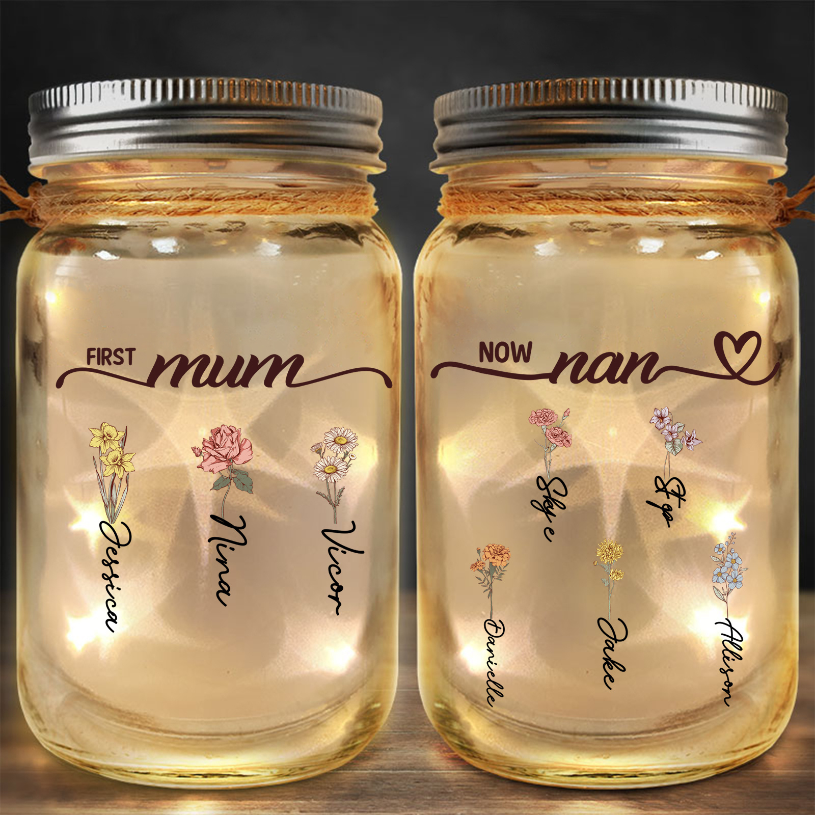 Personalised Grandma Floral Solar Mason Jar Light