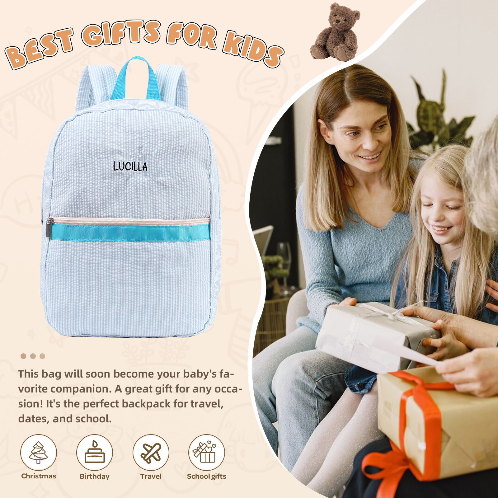 Personalized School Bag Custom Name Canvas Children Backpack Back To School Gift For Children