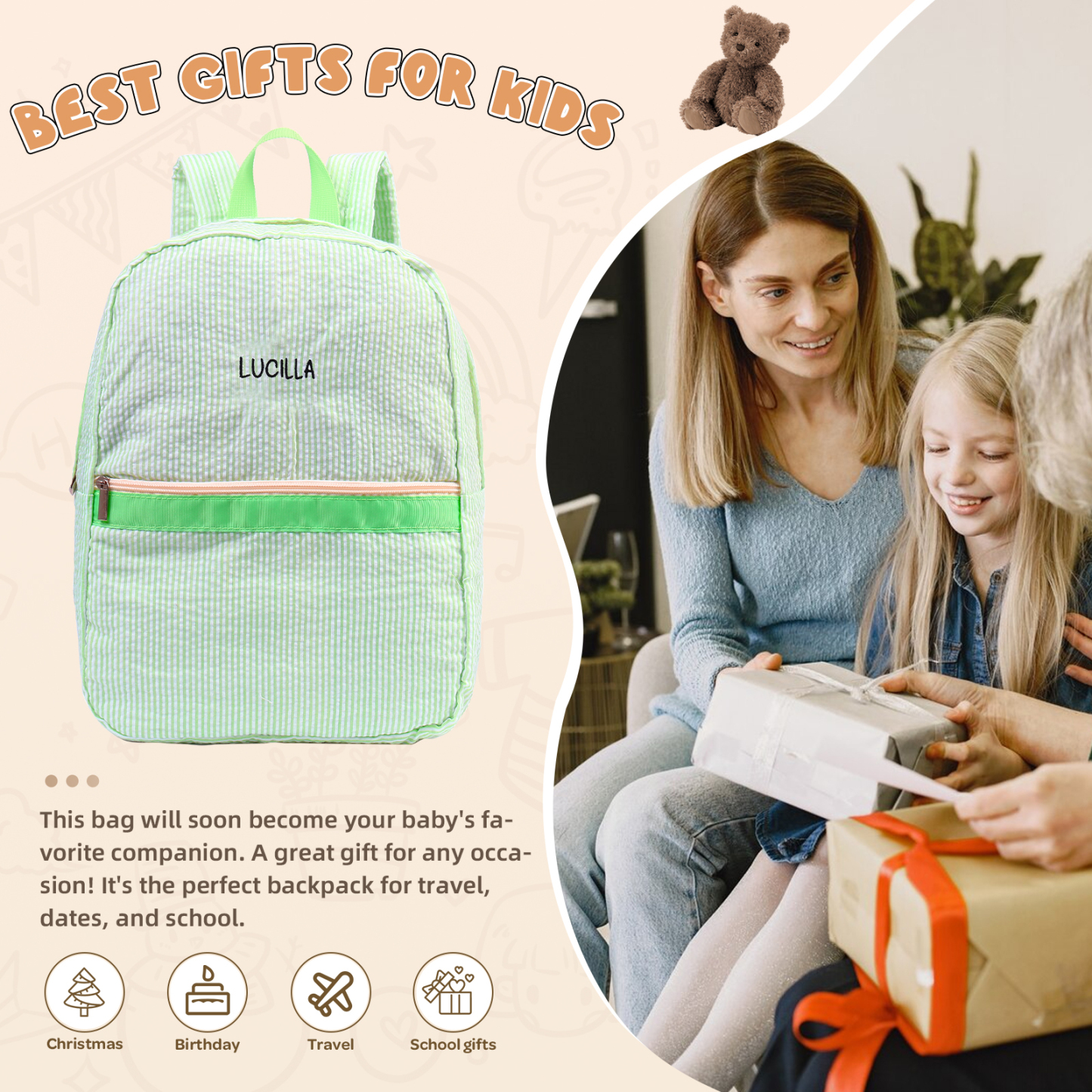 Personalized School Bag Custom Name Canvas Children Backpack Back To School Gift For Children