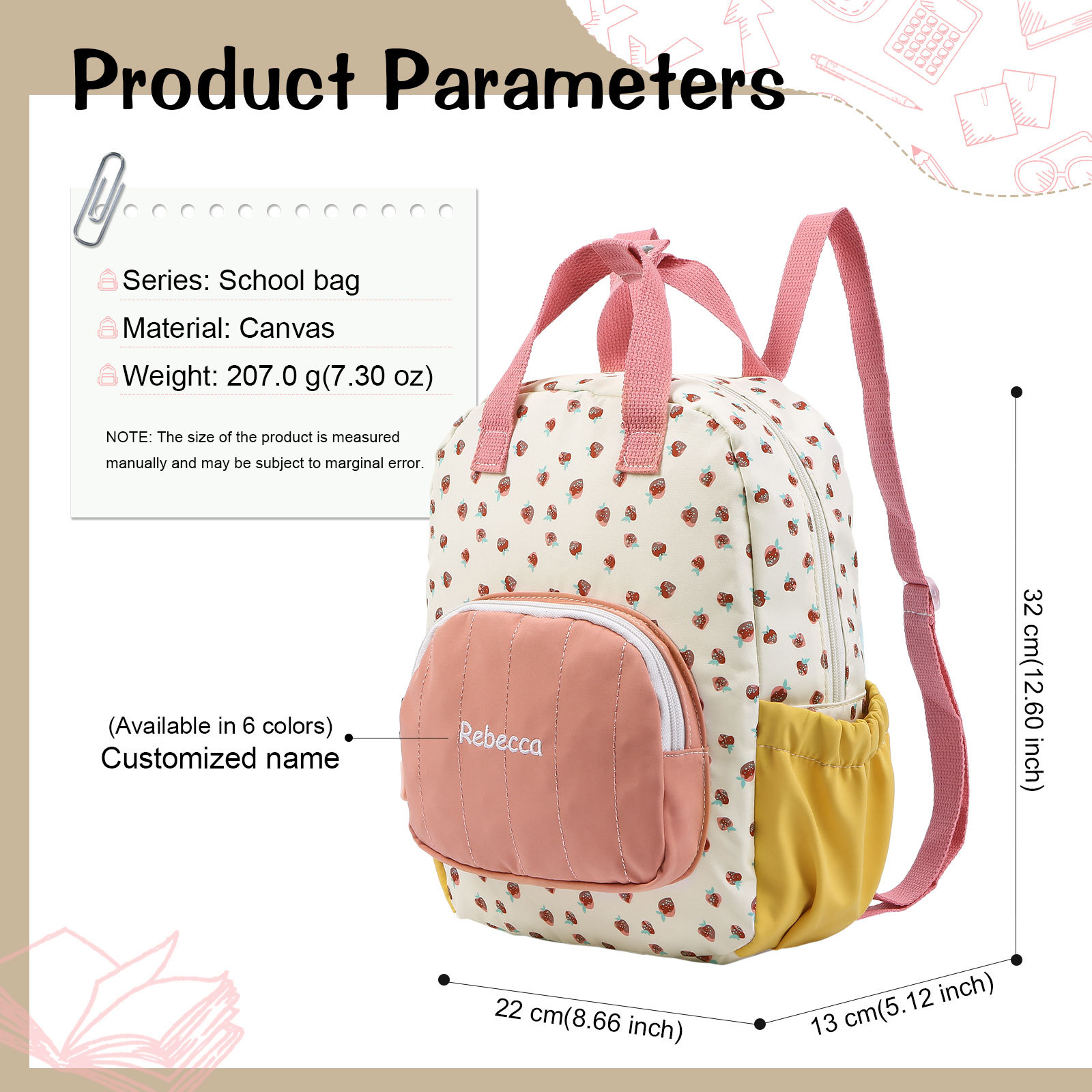 Personalised Kids' Backpack Embroidered with 1 Name Strawberry Print Practical and Heartfelt Gift for Girls | Jessemade