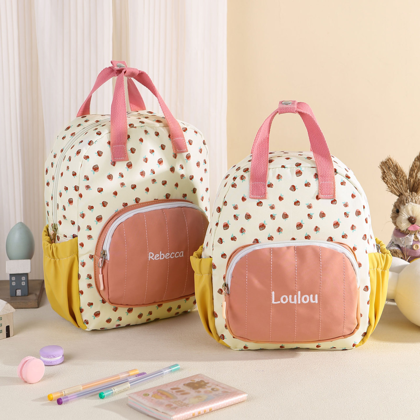 Personalised Kids' Backpack Embroidered with 1 Name Strawberry Print Practical and Heartfelt Gift for Girls | Jessemade