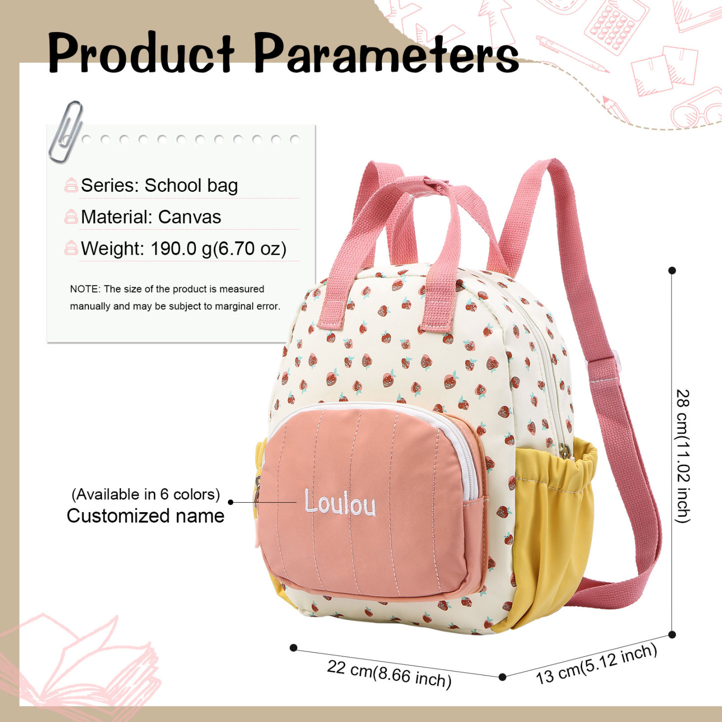 Personalised Kids' Backpack Embroidered with 1 Name Strawberry Print Practical and Heartfelt Gift for Girls | Jessemade