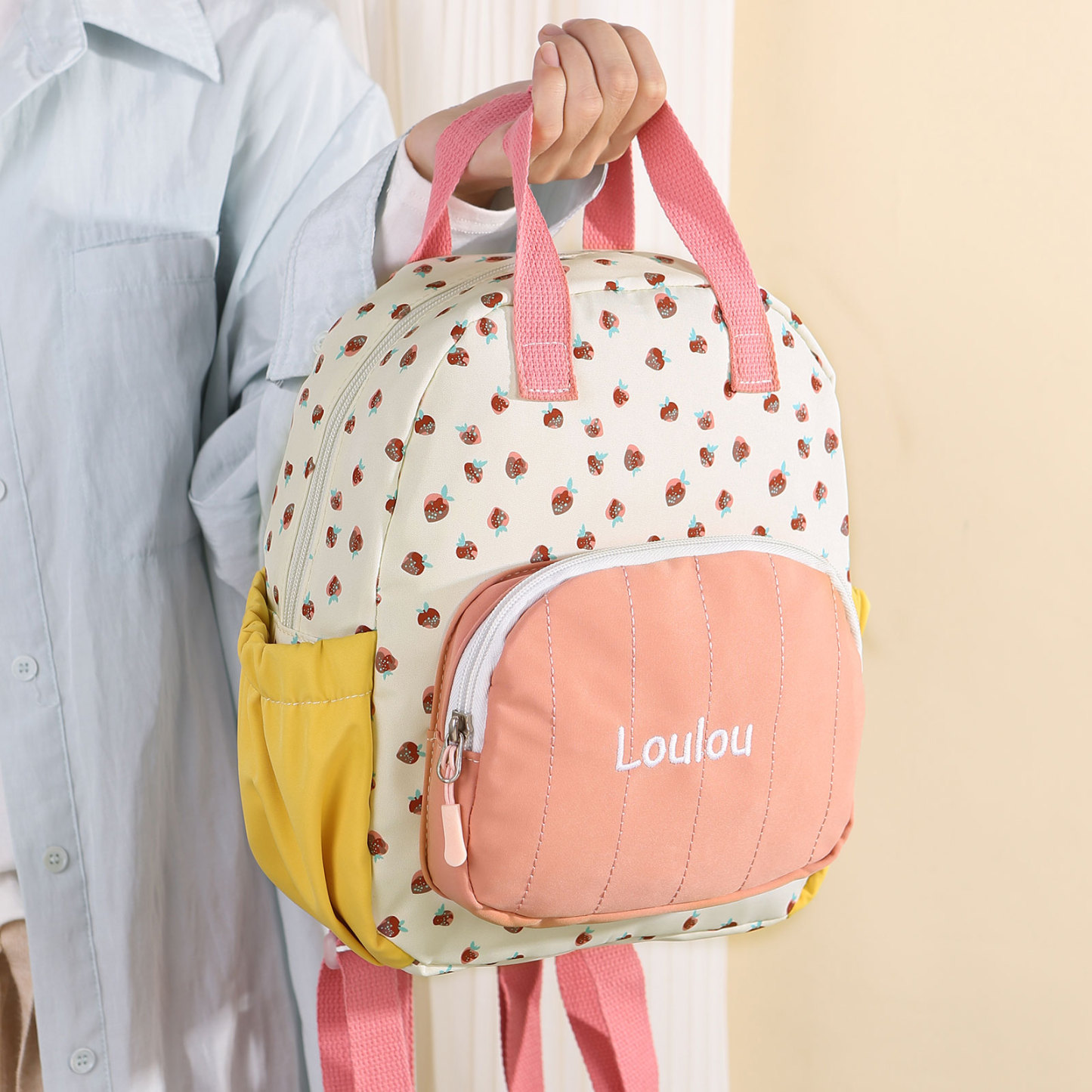 Personalised Kids' Backpack Embroidered with 1 Name Strawberry Print Practical and Heartfelt Gift for Girls | Jessemade