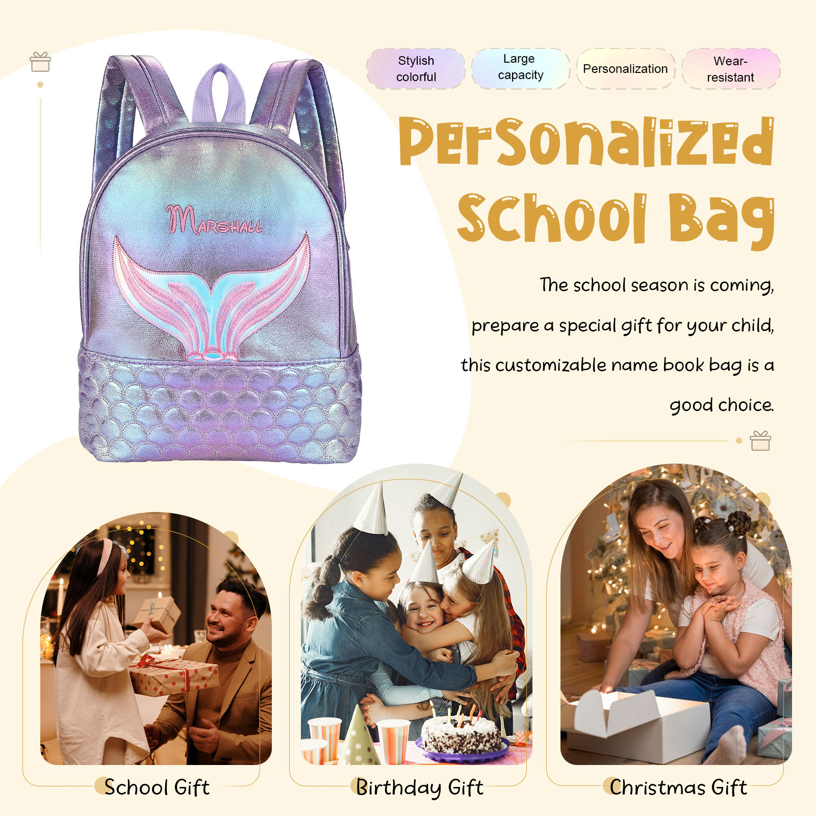 Personalised Embroidery Name Girls Mermaid Backpack Holographic Quilted Pattern Fish Tail Decor Classic Backpack Gift for Kids | Jessemade